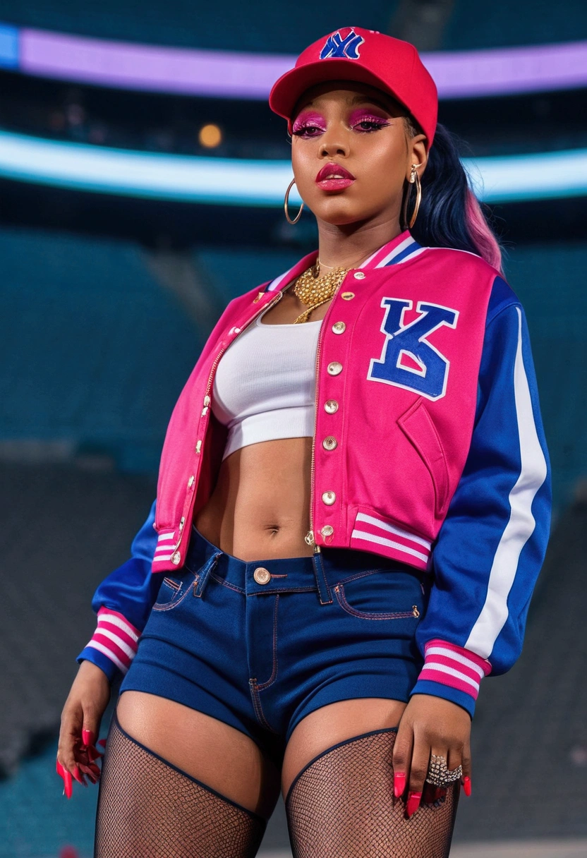 A rapper girl inside a stadium on top of a stage wearing a blue and red jacket with her having a pink cap and having pink eyes with some red details Wearing dark blue pants and white shoes, she has pink nails and black skin. Big and a huge ass and big giant thighs and huge hips