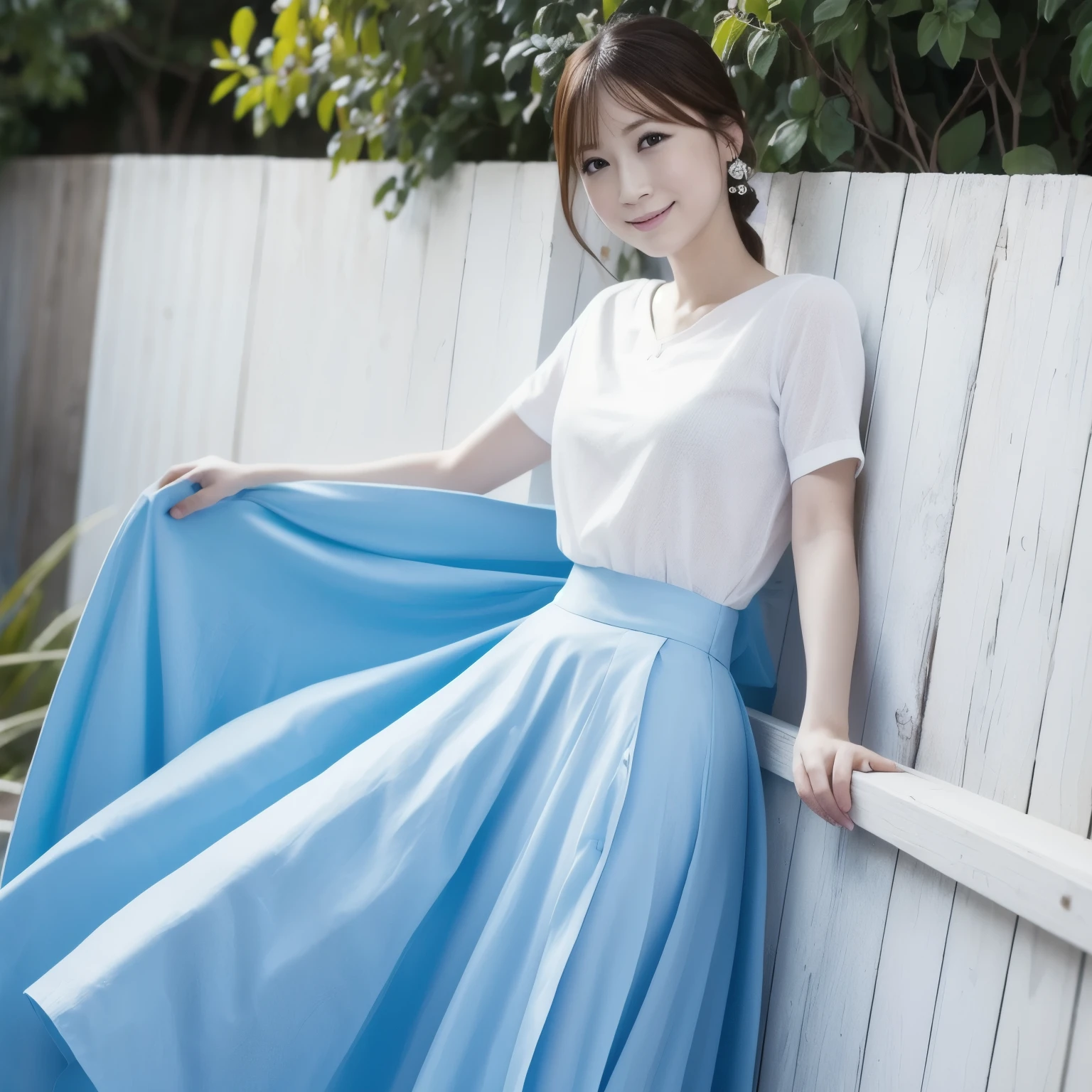 1woman, smiling,smart shaped face, crystal clear white skin,portrait, slender, ((wearing a blue-sky sweeter and long skirt))