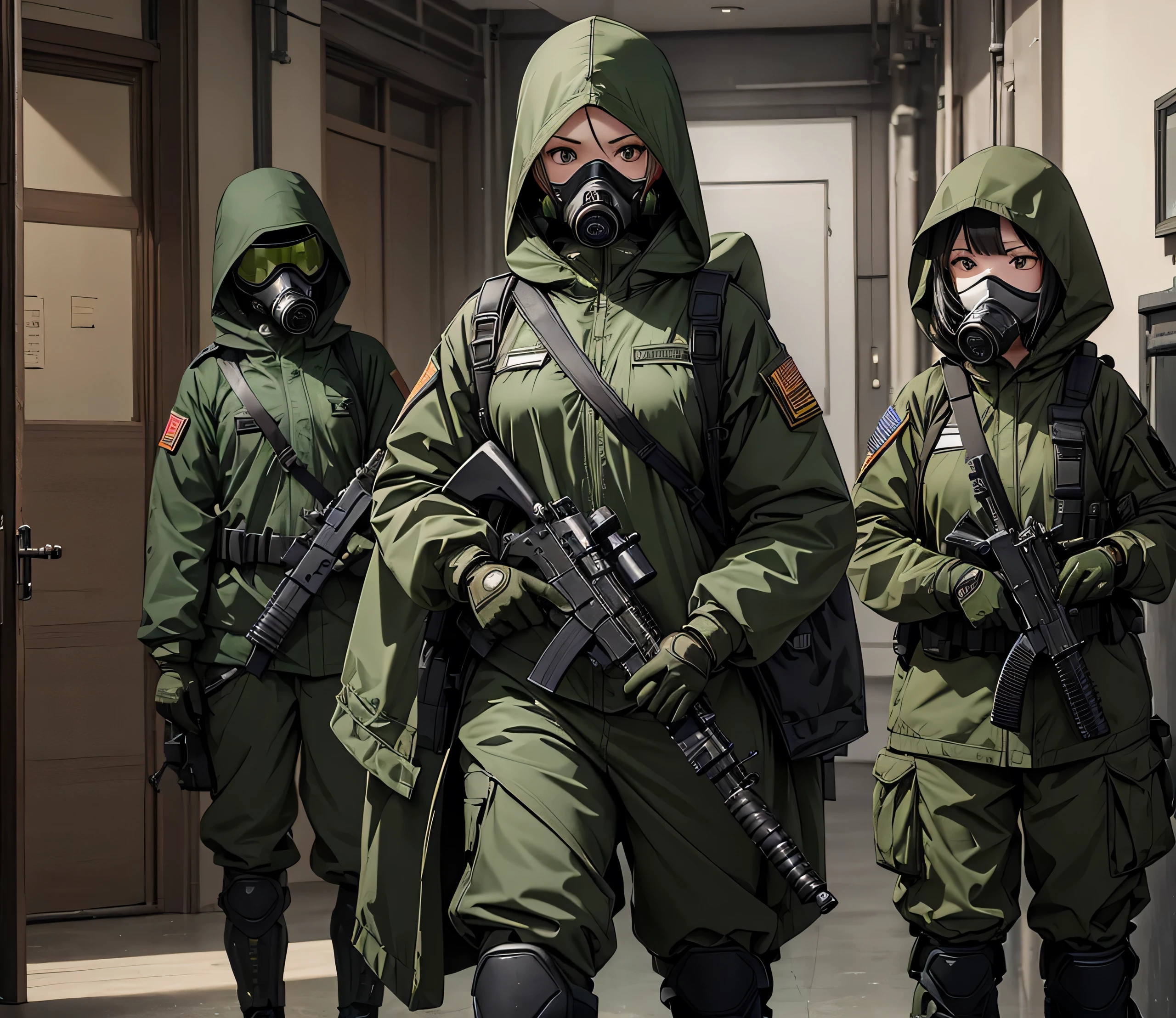 A group of female soldiers standing guard indoors、Wearing dark green M-51 hooded military uniform、Hooded on head、Gas Mask、Gloves、Knee pads,Write details、masterpiece、best quality、Highly detailed CG、8K picture quality