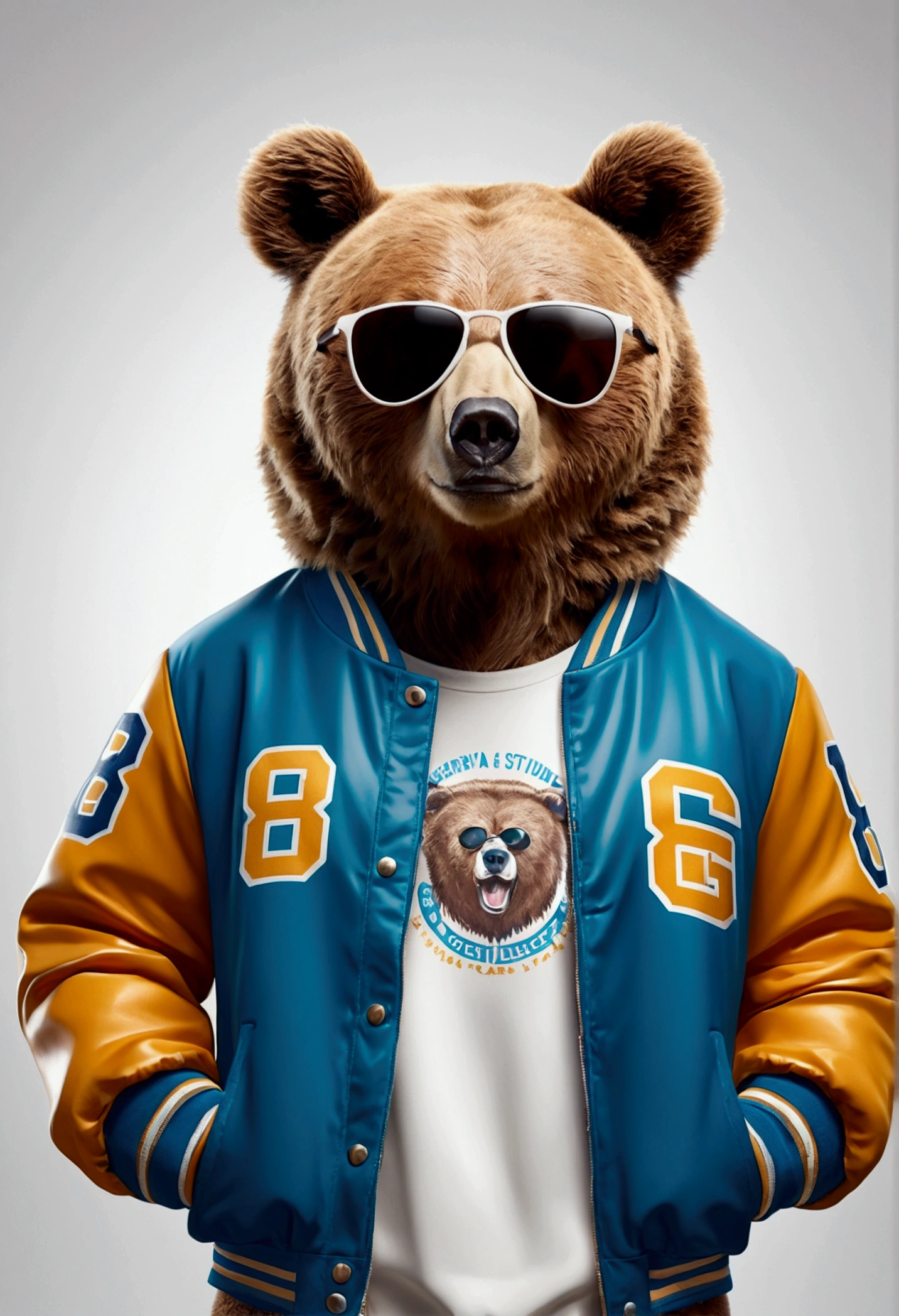 Perfect centering, Cute Bear, Wear a student team jacket, Wear sunglasses, Wearing headphones, Cheerfulness, Standing position, Abstract Beauty, Centered, Looking into the camera, To the camera, Approaching perfection, dynamic, Very detailed, Smooth, Sharp focus, 8K, High resolution, figure, art:Carne Griffith、Vadim Kashin, White Background