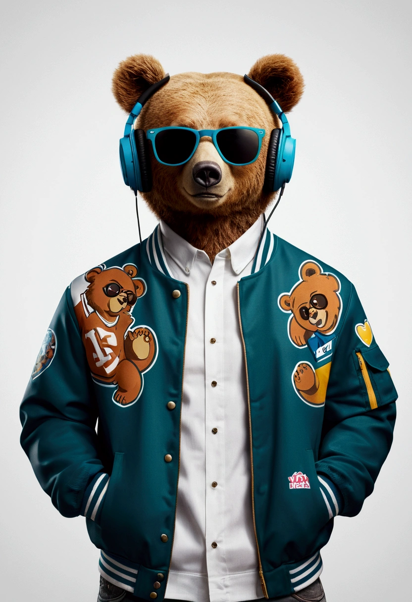 Perfect centering, Cute Bear, Wear a student team jacket, Wear sunglasses, Wearing headphones, Cheerfulness, Standing position, Abstract Beauty, Centered, Looking into the camera, To the camera, Approaching perfection, dynamic, Very detailed,  Smooth, Sharp focus, 8K, High resolution, figure, art：Carne Griffith、Vadim Kashin, White Background