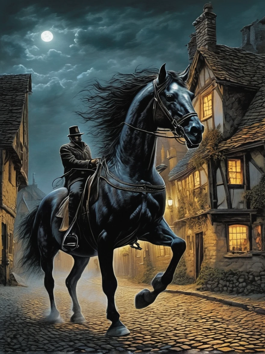 A rural village is tormented by a
phantom horse that gallops
through the streets at midnight,
its hooves striking sparks on the
cobblestones. Those who have
seen it claim it bears the ghost of
a headless rider, doomed to
search eternally for his lost head