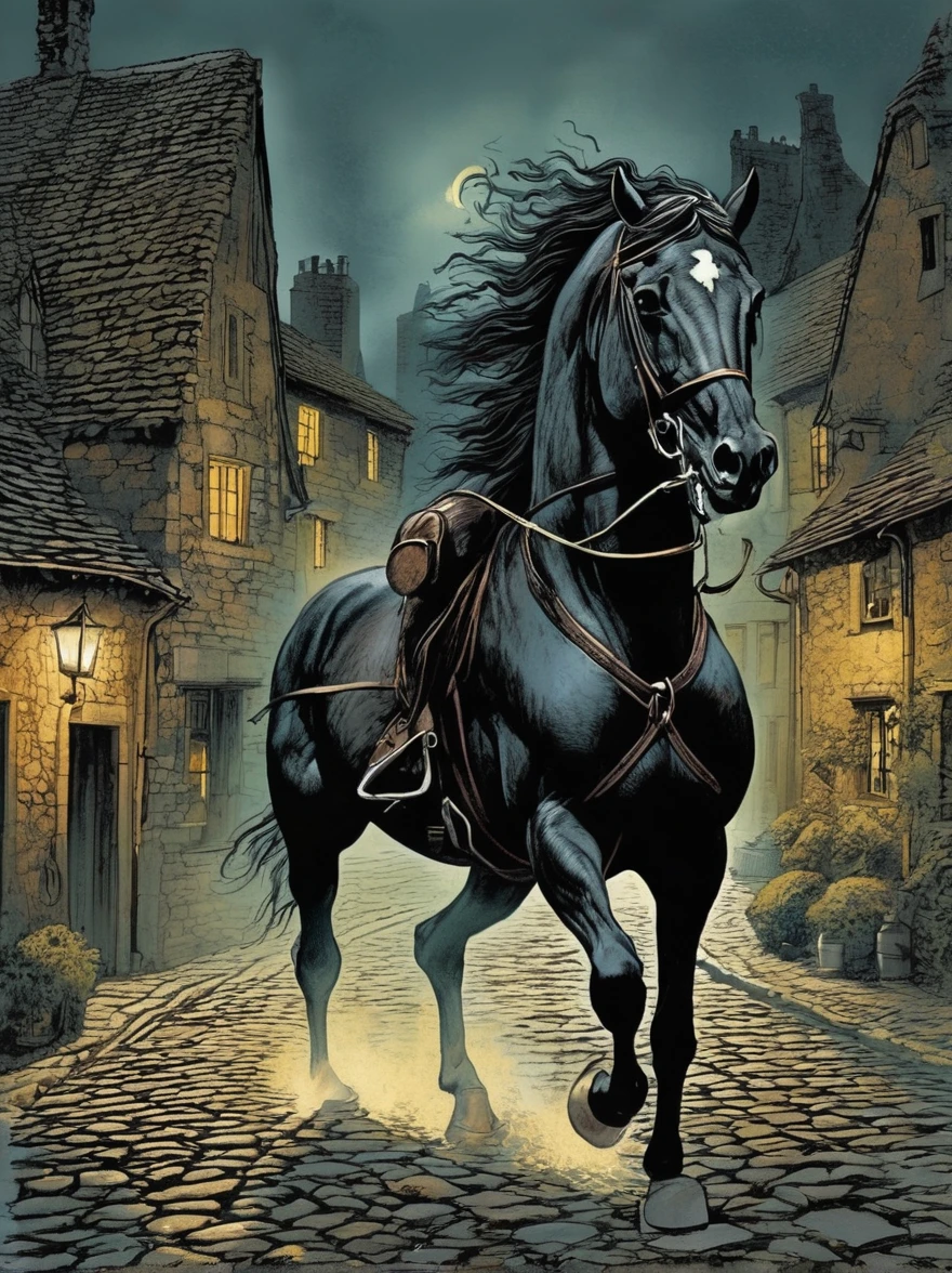 A rural village is tormented by a
phantom horse that gallops
through the streets at midnight,
its hooves striking sparks on the
cobblestones. Those who have
seen it claim it bears the ghost of
a headless rider, doomed to
search eternally for his lost head