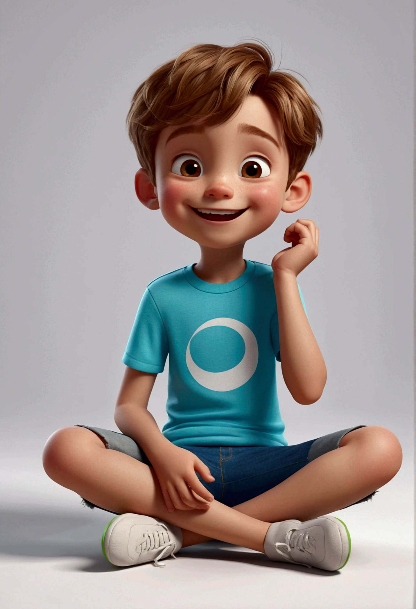 happy and cute boy with short hair, white background, the , Pixar Style, ..3d, cartoon, detailed face, 16k asymmetrical boy, multiple poses and expressions, book illustration style, disney pixar style, simple, cute , 6 , bright colors, short light brown hair, fair skin, light blue short-sleeved shirt, denim shorts, intricate details, sitting on the floor, looking forward, expression of happiness, smiling, in profile, cuddling position