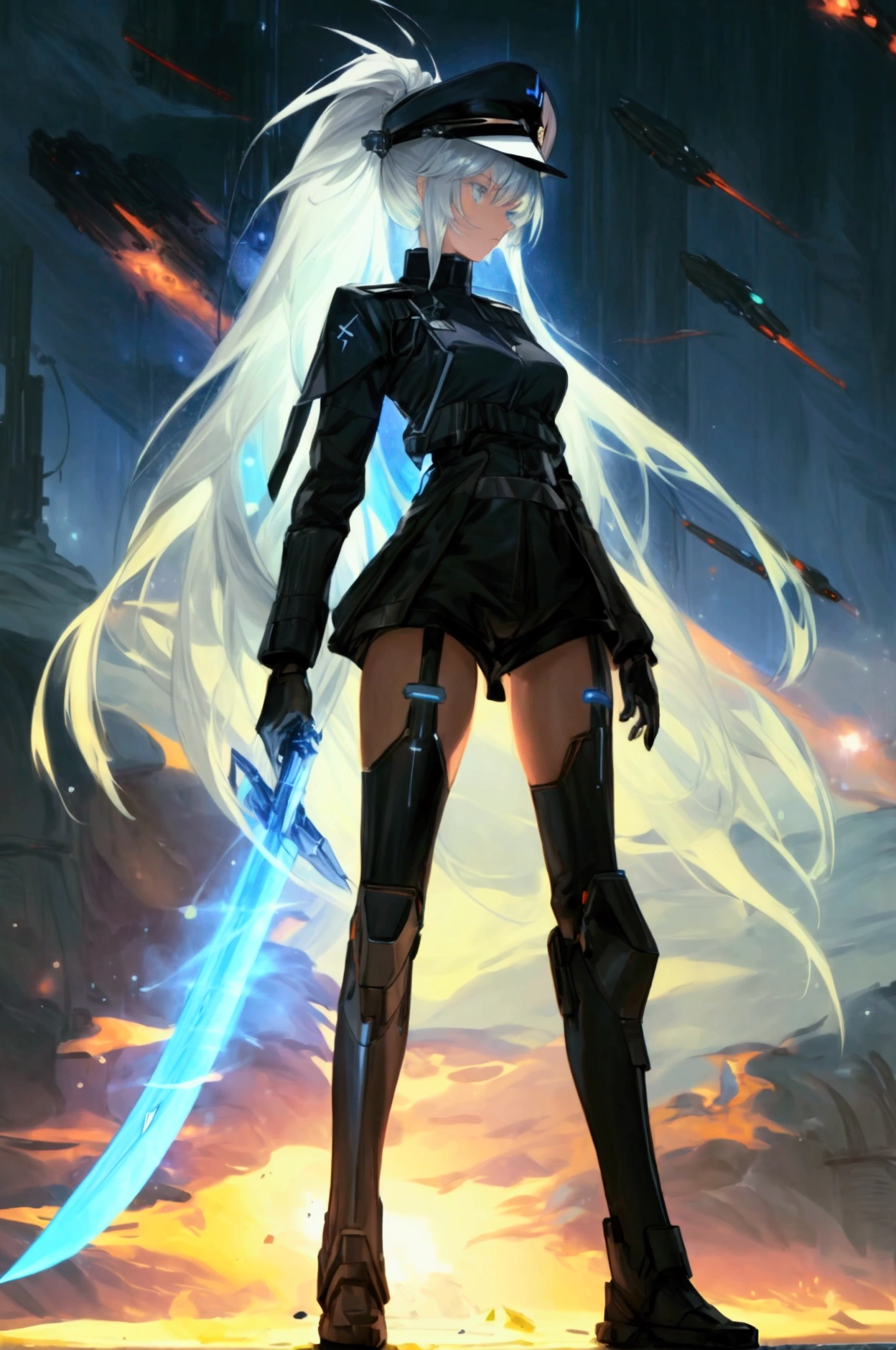 ((science fiction space fantasy)), A badass tall woman, an art of a female character standing amidst a galactic battlefront, (A female commander), ((a leader of a fleet of intergalactic armies)), White high ponytail with a glowing light blue highlights at the ends, Wielding a sword with deep blue aura, the mystical blade in her hand emitting a bright contrast blue light with a ray of energy, a futuristic intergalactic military uniform, Wearing Black shorts exposing the thighs, with a captain hat, a long simple dark boots. A masterpiece illustration, a light novel cover, best quality, best detail(Light novel illustrations), Arknights style, masterpiece, high quality, detailed.