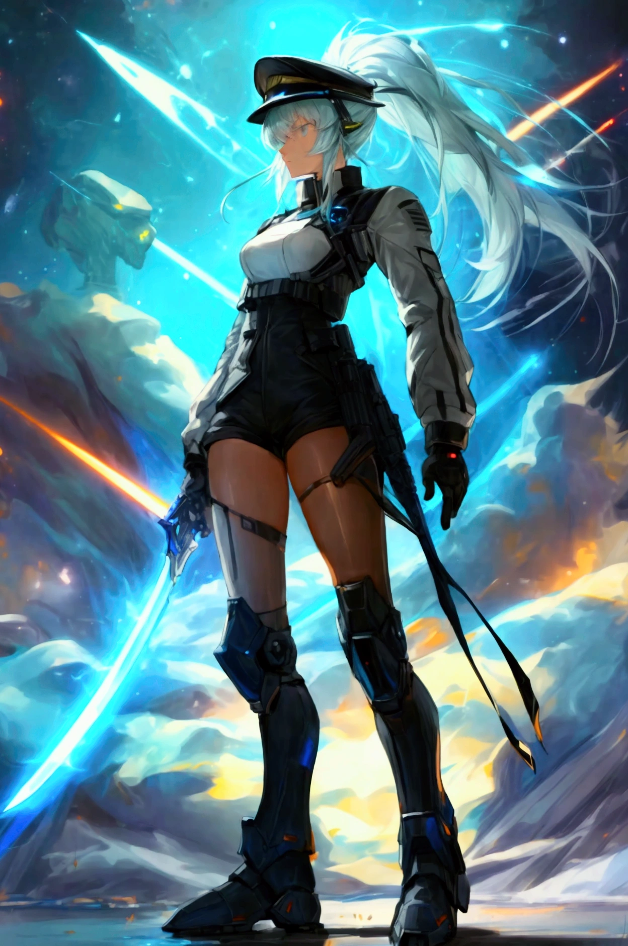 Full body photo，1 girl wearing transparent tights，Transparent mech，eye glass：1.2，Clear stockings 1.2，dreamy glow，Ren，White background，White lightsaber in hand，Laser rays flying around，（globalillumination，Ray traching，hdr，The rendering is not realistic，reasonable design，high detal，tmasterpiece，Best quality at best，hyper HD，cinmatic lighting）