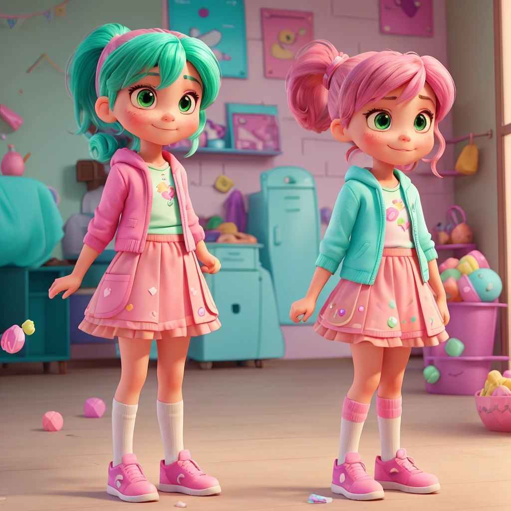 **Appearance**: Clothing**: Vanellope wears a mint green hoodie with pink laces and a small front pocket. She wears a brown skirt with a candy border. She also has pink and white striped tights, and black shoes with pink laces. - **Hair**: She has black hair, tied in a high ponytail with a mint green ribbon. Her hair is decorated with various colorful candies (candies, sprinkles, etc.). - **Facial Features**: Vanellope has large, expressive dark brown eyes. Her skin is light and she has freckles on her cheeks. Her lips are pink and she is often seen smiling mischievously. - **Height and build**: She is short and has a thin and small build, typical of a girl of around 9 years old. 2. **Personality**: - **Attitude**: She is energetic, witty and sarcastic. Despite being considered a "glitch" in her video game, she has a strong spirit and is not easily intimidated. - **Skills**: Vanellope is a skilled runner and has the ability to "glitch", which allows her to briefly teleport from one place to another. This description should help you find or generate an accurate image of Vanellope von Schweetz.