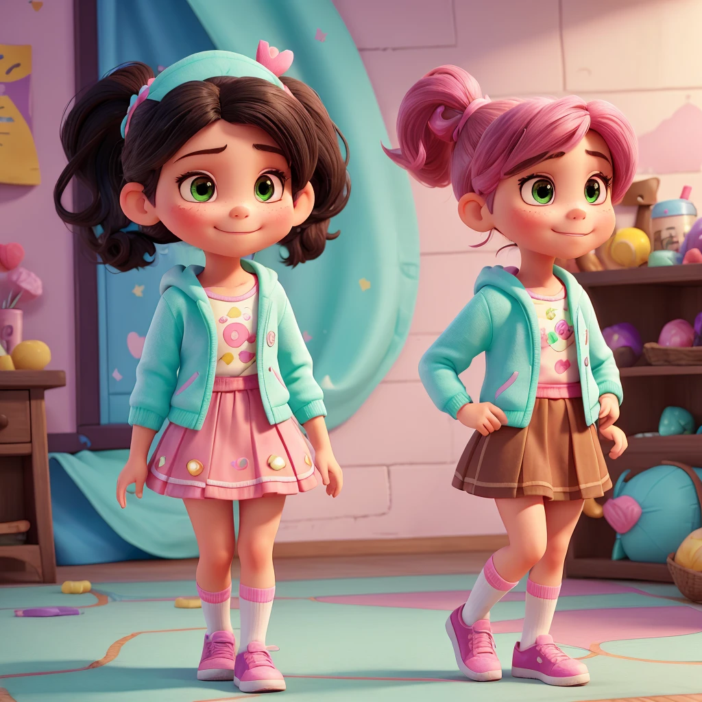 Appearance: Clothing: Vanellope wears a mint green hoodie with pink laces and a small front pocket. She wears a brown skirt with a candy border. She also has pink and white striped tights, and black shoes with pink laces. - Hair: She has black hair, tied in a high ponytail with a mint green ribbon. Her hair is decorated with various colorful candies (candies, sprinkles, etc.). - Facial Features: Vanellope has large, expressive dark brown eyes. Her skin is light and she has freckles on her cheeks. Her lips are pink and she is often seen smiling mischievously. - Height and build: She is short and has a thin and small build, typical of a girl of around . 2. Personality: - Attitude: She is energetic, witty and sarcastic. Despite being considered a "glitch" in her video game, she has a strong spirit and is not easily intimidated. - Skills: Vanellope is a skilled runner and has the ability to "glitch", which allows her to briefly teleport from one place to another. This description should help you find or generate an accurate image of Vanellope von Schweetz.