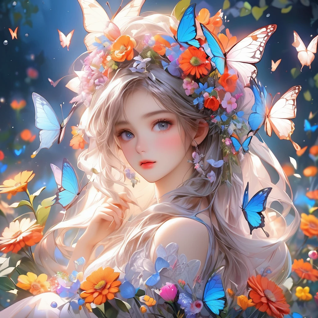 RAW Photos:1.2, masterpiece, highest quality, 16k, Unbelievably absurd, Very detailed, Perfect beauty, Beautiful cute girl, butterfly, Flowers, Vibrant colors, 