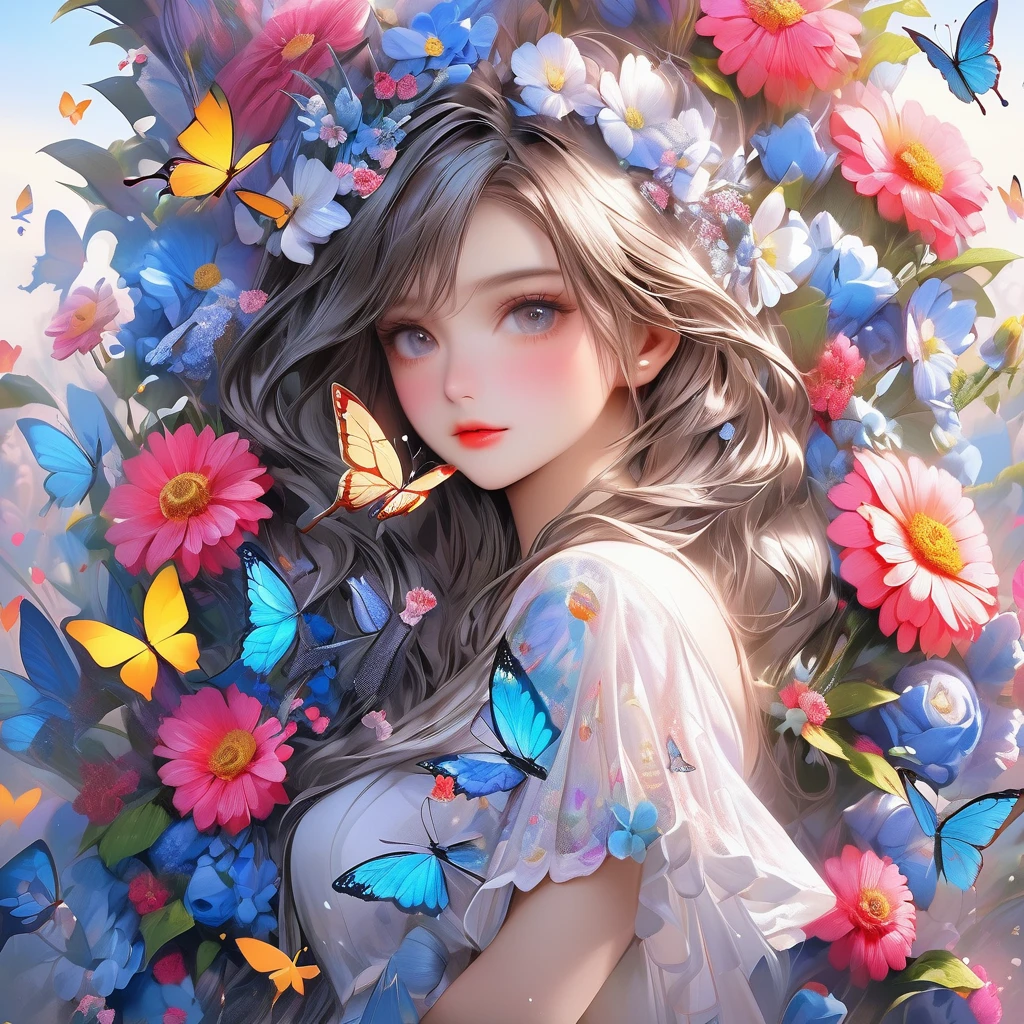 RAW Photos:1.2, masterpiece, highest quality, 16k, Unbelievably absurd, Very detailed, Perfect beauty, Beautiful cute girl, butterfly, Flowers, Vibrant colors,