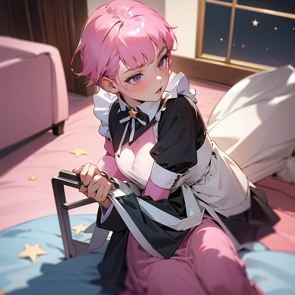 A girl of about 19 years old with short pink hair down to her neck and a star on her cheek., with a very pretty maid outfit and a background of a living room 