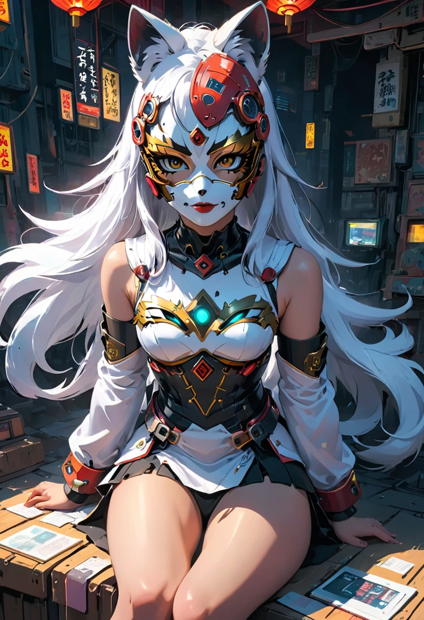 Capturing the essence of futurism,, shadow over face, And the flashing lights of electronic devices. The art is very realistic,Cyberpunk面具,1 Girl, Shrine maiden,Fox Mechanical Mask,Cyberpunk, Cyberpunk面具,Precision mechanics, summer,Shrine maiden服, Big Perspective,Overlooking,Sitting and looking up at the camera,Focus on the characters,精致的design感,Simplicity,design