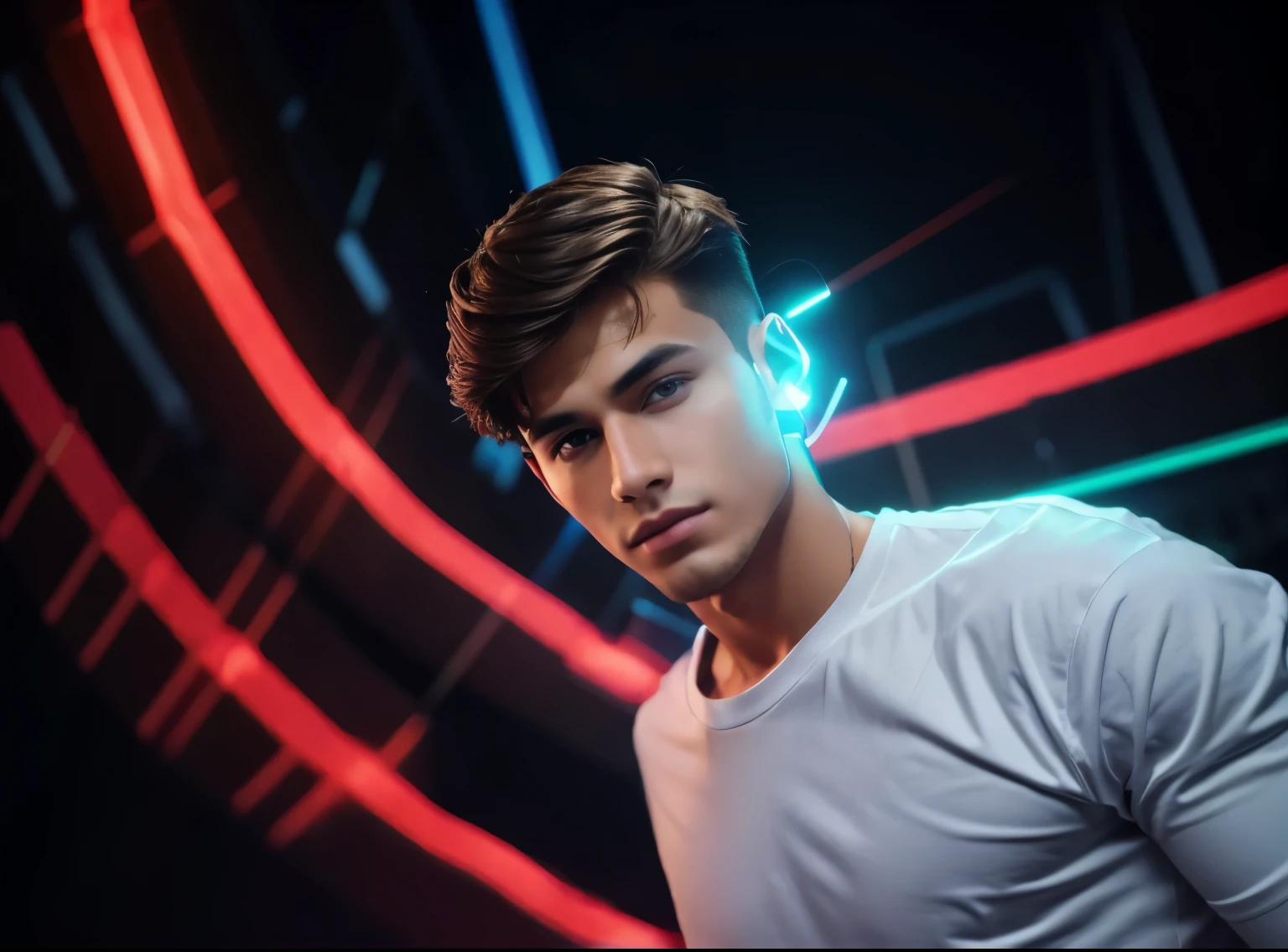 There is a handsome boy with cyber background and with perfect hairstyle