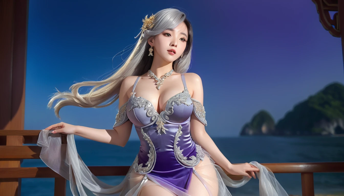 butt), (bedroom), (Sexy Girls), masterpiece, best quality, 1 girl, Bangs, blush, Chest, clavicle, Eyebrows visible through hair, (Gradient purple gold hair), Jewelry, Long hair, Looking at the audience, Bright Eyes, ring, (solitary), illustration, fashionable, miss, Strike a pose, background, element, confident, Express, Accessories, majestic, striking, key point, Dynamic poses, ((plump)), (black))Woman in transparent dress,Viewer,(((Full breasts, Keeley University))),Slim waist,(Navel exposed,Bare waist), Long hair, extreme detailed details, Detailed fantasy art, Stunning character art, Beautiful and exquisite character art, Beautiful transparent dress, Very detailed, Large Breasts,饱满Chest,Golden ratio figure,Perfect body,Ultra wide-angle shooting,Full body shot,Body close-up,Full body shot,Wearing a pleated tulle skirt,柔和动漫illustration, 柔和的深色background,Fujifilm XT3 Clear focus, f 5.6, High Detail, Clear focus, Dramatic, (Wearing openwork clothing), (Looking at the audience:1.8), (Natural light), (Tempting)translucent, Good velvet quality, Compared, Divine Light,, Silver hair, 天空background, Absolute Strength,Female angels,Girl in sexy silk,,Large Breasts,饱满Chest,Golden ratio figure,Perfect body,Ultra wide-angle shooting,Full body shot,Body close-up,Full body shot, Wearing a tulle dress, Model shooting style, Large Breasts,饱满Chest,Golden ratio figure,Perfect body,(Extremely detailed CG 8k wallpaper unit), The most beautiful artistic photos in the world, , 8K Ultra HD, ) on the beach,Lazy gesture,Charming and seductive expression,best quality,masterpiece,Ultra-high resolution,(Practical:1.4),original photo,Ultra-high resolution