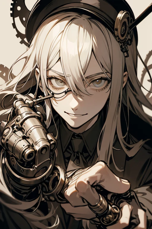 High Contrast、solo、male性、male、Long Hair、adult、mad Men、Suspicious eyes、モノクルをかけたmale、Metal monocle、Distinctive monocle、Metal frame、steampunk、gear、Mechanical prosthetic hand、Innocence、Unstoppable curiosity、Excitement of the unknown、observation、Crazy Smile、smile、Trance、Min City、Underground community