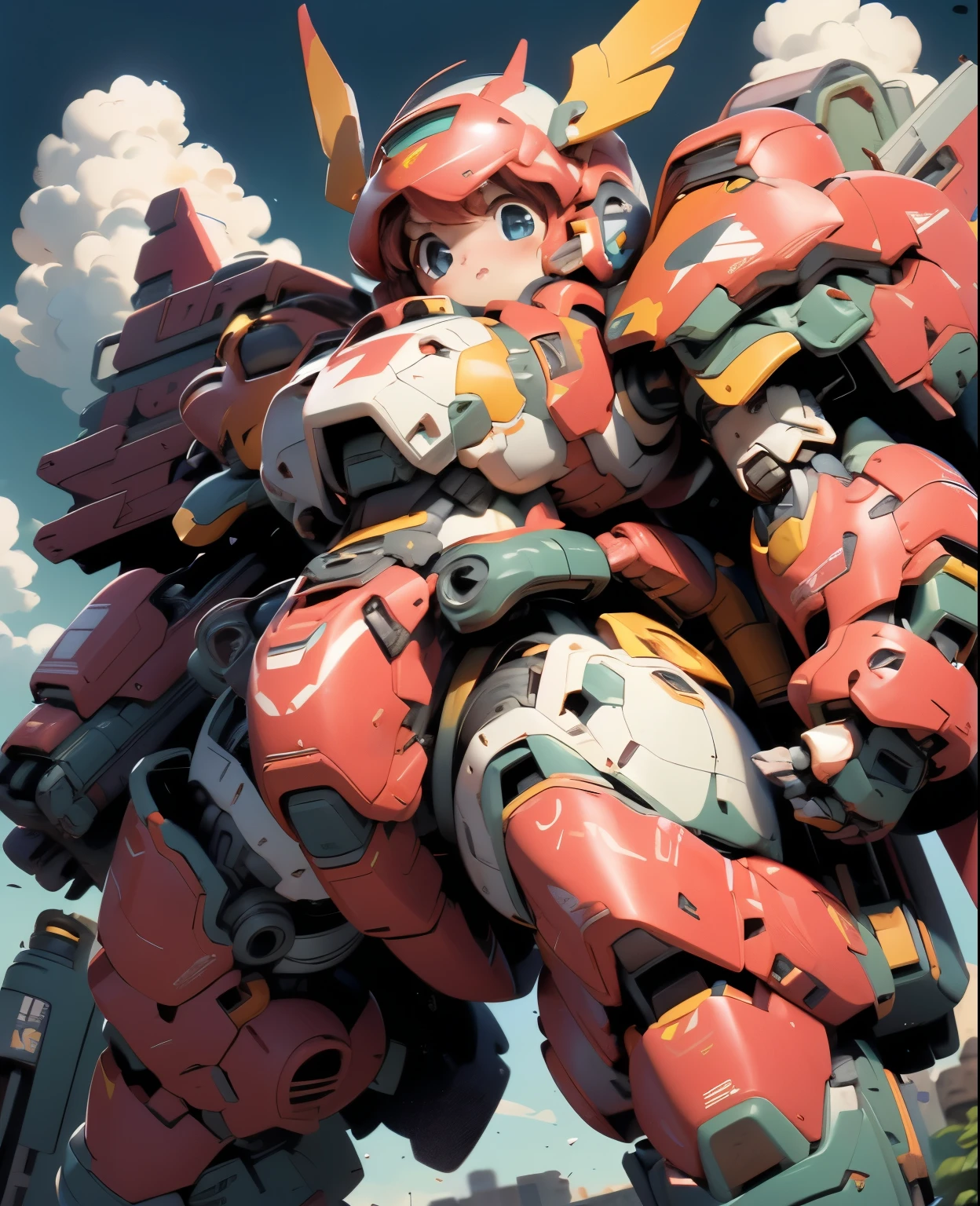 (((1 chibi girl in large red-colored robot costume, from below))), (holding weapons), (((helmet:1.5))), (((looking down:1.4))), ssmile, (chibi), (bulky:1.5), large cute face, mechanical parts, ((mechanical wings)), (full armor:1.8), (mecha armor:1.8), (shoulder guards:1.2),(huger arms), ((mechanical arms:1.5)), (short legs), (huger body:1.8), (heavy equipment:1.6), (from below), (headgear), blue sky, white clouds, robot joints, becoming a mecha, mecha, (RARS), (HRS), ROBOTANIMESTYLE, BJ_Cute_Mech,cute, girl
BREAK
((masterpiece)), vibrant colors, 8k, best quality, ultra detailed illustration, ((best quality)), ((high resolution)), flawless skin textures, shiny oiled skin, extremely detailed anime eyes , extreme light and shadow,