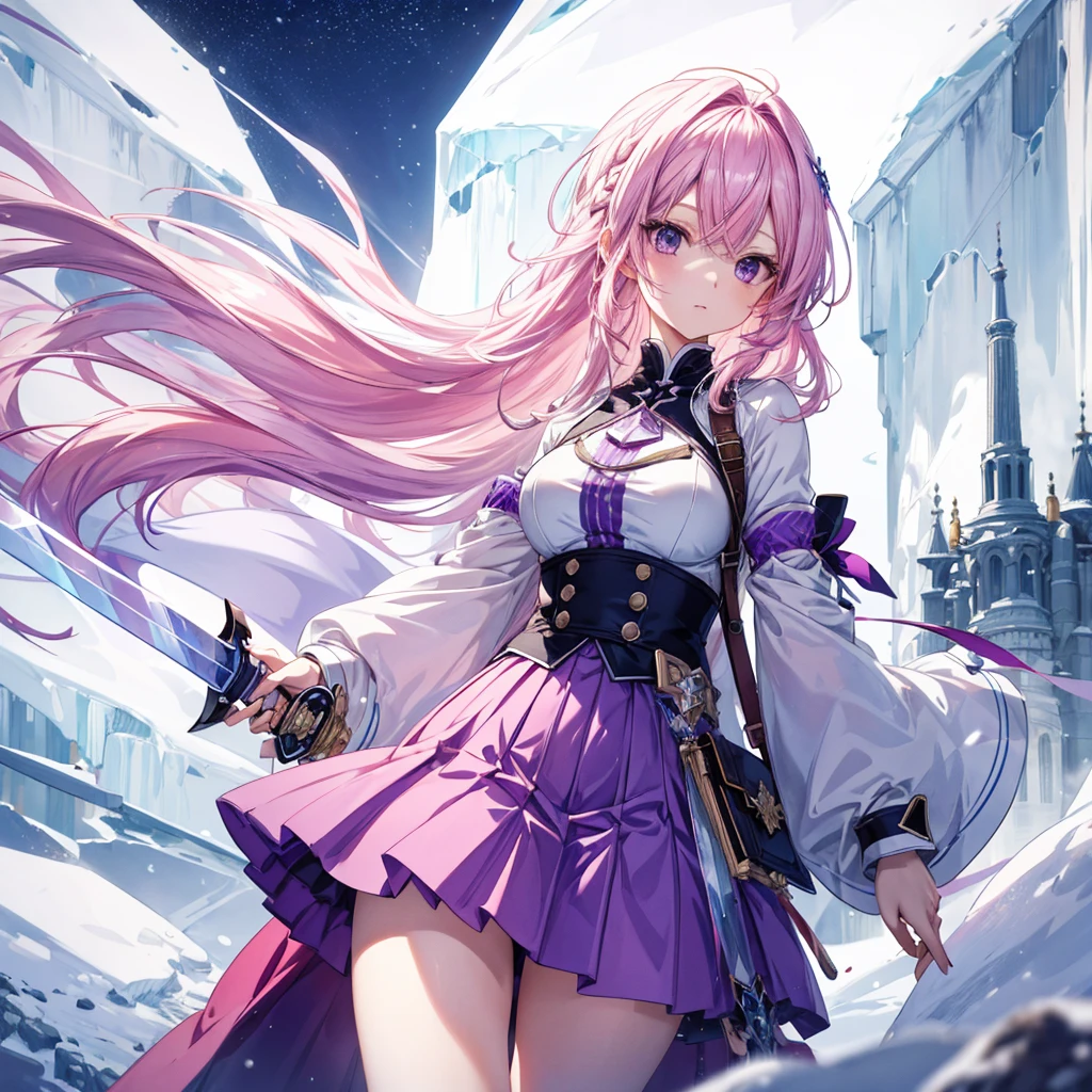 Extreme Detail, perfection, aerial photograph, Like a work of art, Anime girl with ice and snow sword, Her pink hair and long purple skirt complement each other well., Gazing into the distance