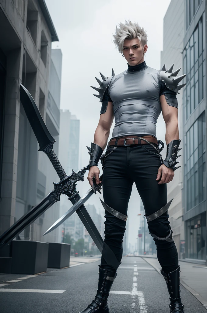 ten mens, gris, 2,30 meters high, brawny, compression blouse, basic pants, spiky hair, left arm prosthesis, Giant sword, anime styling 