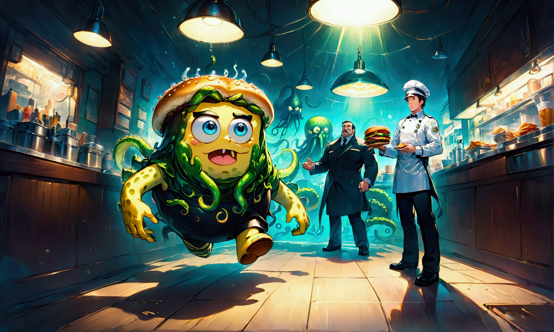 Spongebob, wear Waiter uniform, Cthulhu style Burger Shop, dramatic composition, cinematic dynamic action scene, vibrant colors, cinematic lighting, dramatic lighting, best quality, masterpiece, very aesthetic, perfect composition, intricate details, ultra-detailed
