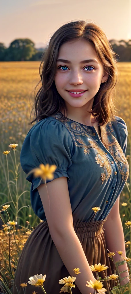 a girl with beautiful detailed eyes, beautiful detailed lips, extremely detailed eyes and face, long eyelashes, short brown hair, smiling, wearing a blue shirt, in a field of flowers, golden hour lighting, muted warm color tones, cinematic composition, highly detailed, photorealistic, 8k, masterpiece