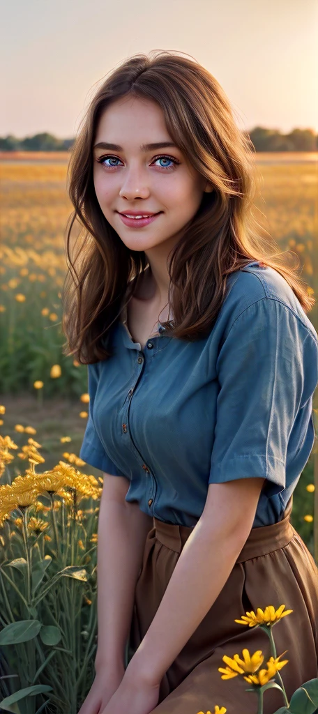 a girl with beautiful detailed eyes, beautiful detailed lips, extremely detailed eyes and face, long eyelashes, short brown hair, smiling, wearing a blue shirt, in a field of flowers, golden hour lighting, muted warm color tones, cinematic composition, highly detailed, photorealistic, 8k, masterpiece