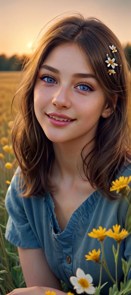 a girl with beautiful detailed eyes, beautiful detailed lips, extremely detailed eyes and face, long eyelashes, short brown hair, smiling, wearing a blue shirt, in a field of flowers, golden hour lighting, muted warm color tones, cinematic composition, highly detailed, photorealistic, 8k, masterpiece