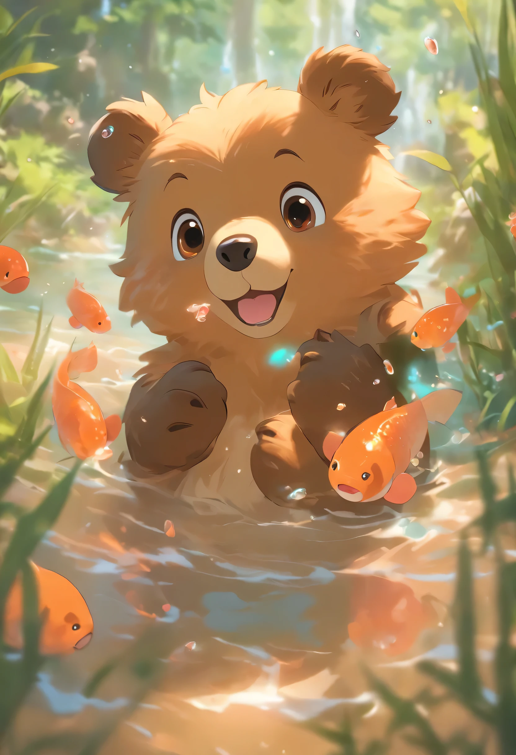 (Highest quality,4K,8K,High resolution,masterpiece:1.2),Super detailed,(Realistic,photoRealistic,photo-Realistic:1.37),Cute Bear,Eat fish,Big eyes,Blush Lash,greeting,Bear fur,Honey colored,Fish scales,Sparkling,Water Drop,Fresh salmon,Delicacy,Expression of joy,Warm sunshine,green葉,green々and grass,Blooming Flowers,Breeze,Playful bear cub,Forest Background,Harmonious,Peaceful atmosphere,Adorable poses,Curious look,Nose spasms,My ears are pinched,soft and fluffy fur,Bear Hand,pink paws,Friendly exchange,Small fish bones,Facial details,Expressive eyebrows,Beard,Playful splashes,An unbearably cute scene,Colorful and vibrant,contrast between the Bear fur and the fish,Accurate rendering of bear eyes and mouth,Attention to fur texture,Vibrant colors,Realistic lighting effects,Blurred Background,Underwater Scene,Natural habitat.