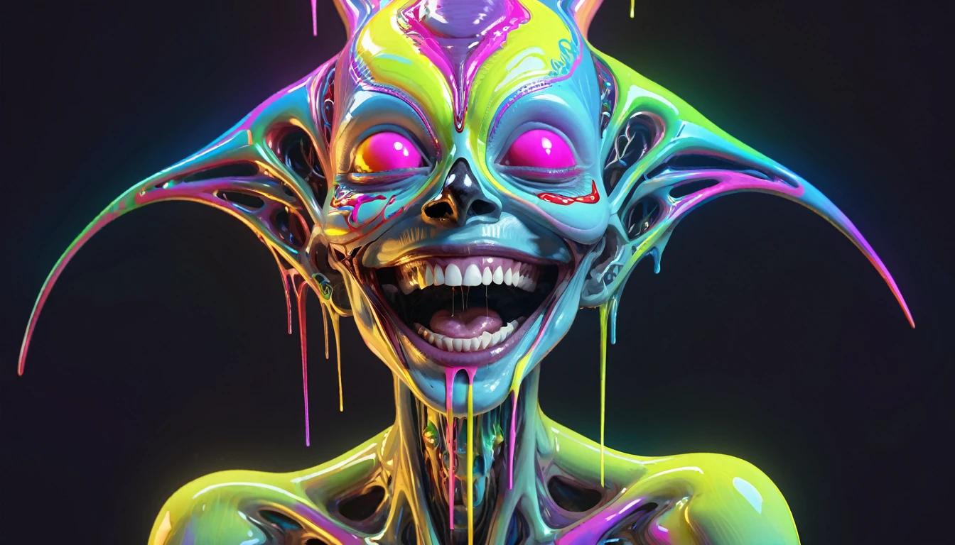 impossibly beautiful portrait of alien shapeshifter entity,insane smile,intricate complexity,surreal horror,inverted neon rainbow drip paint,trending on art station,photoreal,8 k,octane render by greg rutkowski,