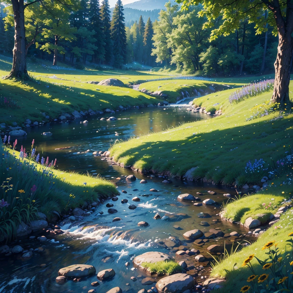 A small, cozy cottage set in a meadow full of colorful wildflowers, with green rolling hills and a babbling brook nearby. A wooden bridge crosses the brook, with sunbeams filtering through the trees and birds flying in the sky. The atmosphere is warm, inviting, and serene. (best quality, 4k, 8k, highres, masterpiece:1.2), ultra-detailed, (realistic, photorealistic, photo-realistic:1.37), landscape, natural lighting, vibrant colors, serene.
