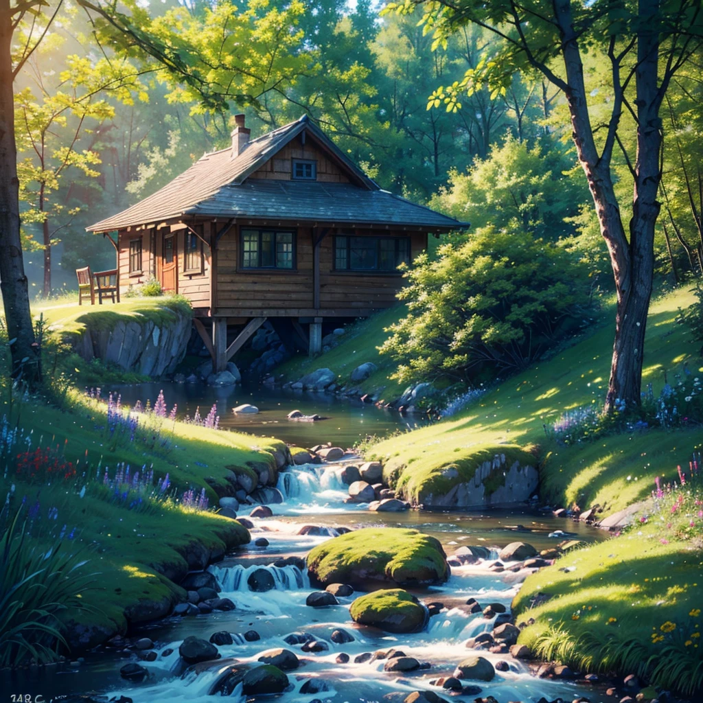 A small, cozy cottage set in a meadow full of colorful wildflowers, with green rolling hills and a babbling brook nearby. A wooden bridge crosses the brook, with sunbeams filtering through the trees and birds flying in the sky. The atmosphere is warm, inviting, and serene. (best quality, 4k, 8k, highres, masterpiece:1.2), ultra-detailed, (realistic, photorealistic, photo-realistic:1.37), landscape, natural lighting, vibrant colors, serene.