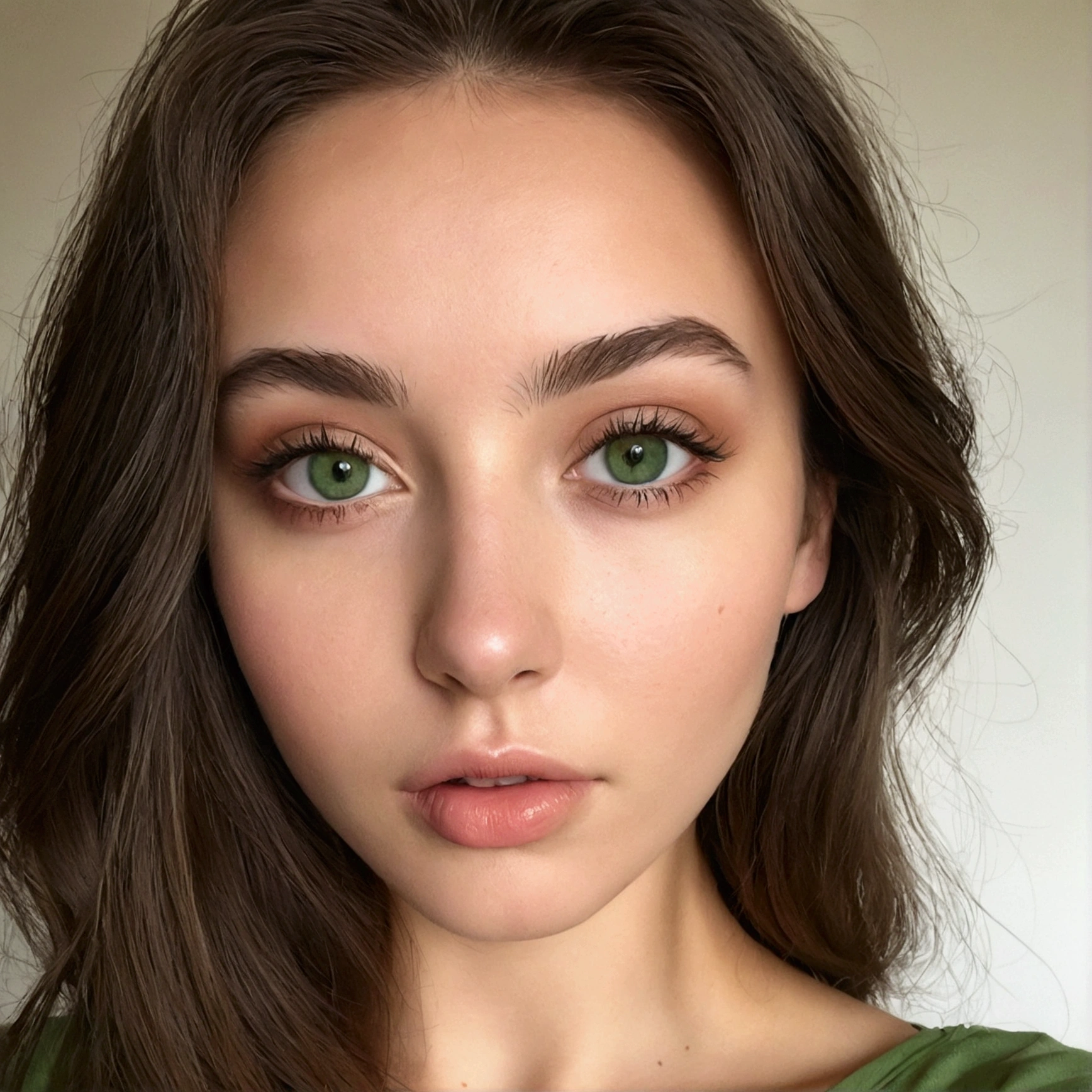 arafed femme pleinement , fille sexy aux yeux vert, ultra réaliste, Méticuleusement détaillé, portrait sophie mudd, cheveux bruns et grands yeux, selfie d'une jeune femme, yeux de la chambre, sans maquillage, maquillage naturel, regarder directement la caméra, visage avec artgram, maquillage subtil, visage complet de face, dans sa chambre, tourne sur elle même