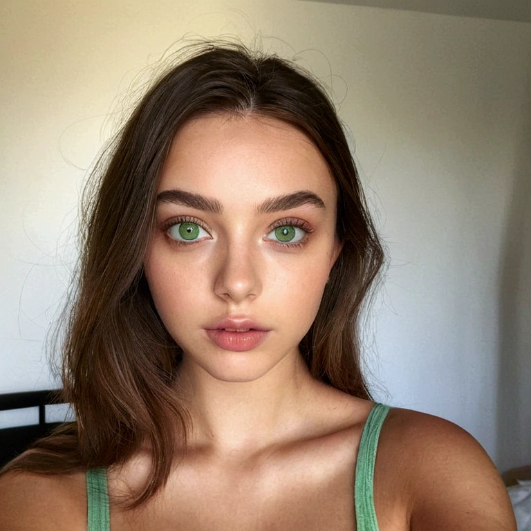 arafed femme pleinement , fille sexy aux yeux vert, ultra réaliste, Méticuleusement détaillé, portrait sophie mudd, cheveux bruns et grands yeux, selfie d'une jeune femme, yeux de la chambre, sans maquillage, maquillage naturel, regarder directement la caméra, visage avec artgram, maquillage subtil, visage complet de face, dans sa chambre, tourne sur elle même