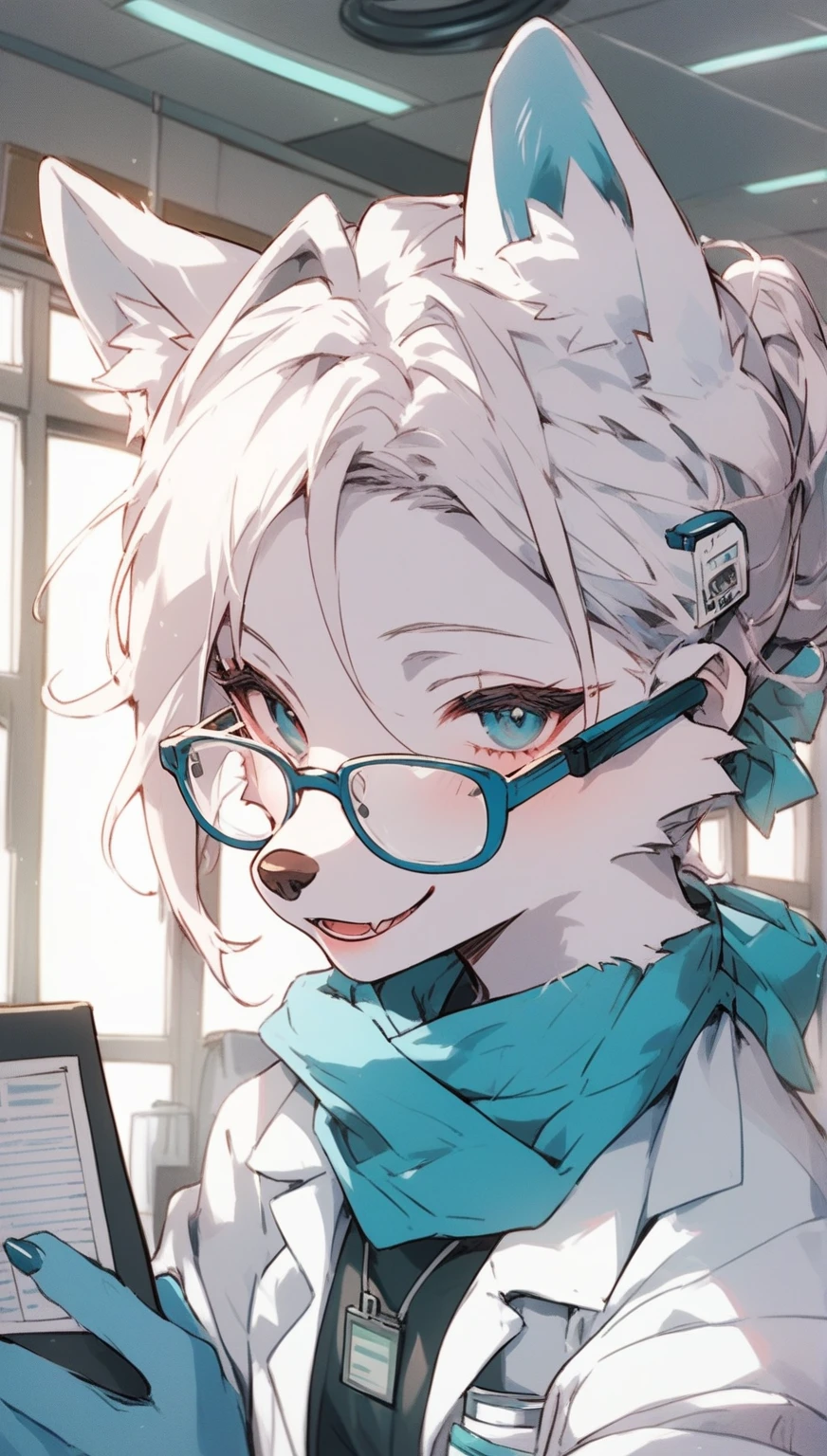 score_9,score_8,score_7,score_8_up,score_7_up、Anime character with arctic fox ears wearing lab coat and blue scarf,arctic fox，Fluffy blue fur and blue tail,Wear half-rimmed glasses,Arctic fox beauty in lab coat,  Fox scientist，inside the lab, professional furry drawing