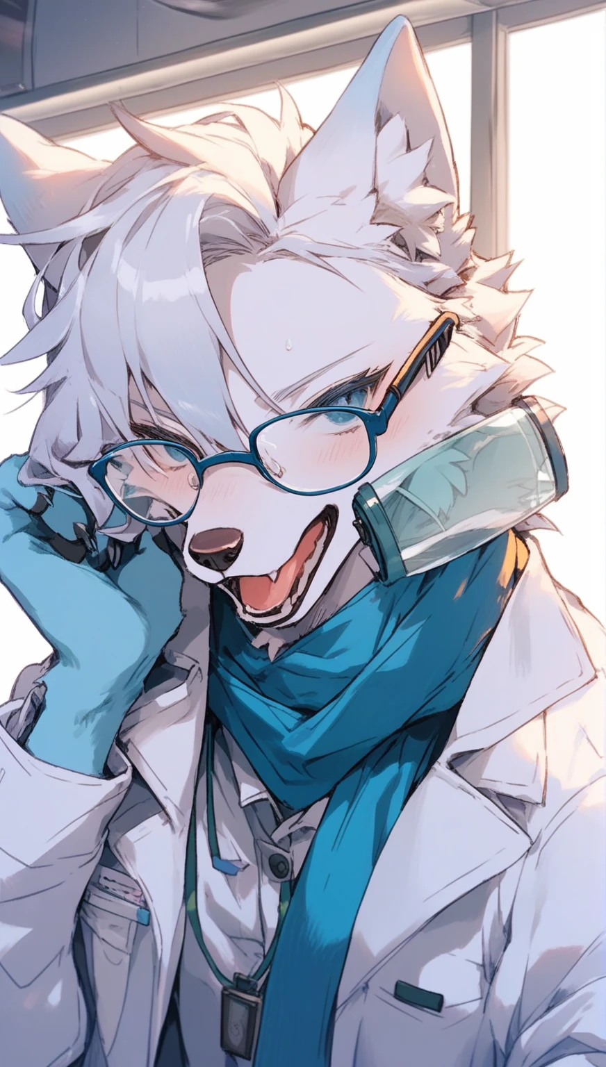 score_9,score_8,score_7,score_8_up,score_7_up、Anime character with arctic fox ears wearing lab coat and blue scarf,arctic fox,Fluffy blue fur and blue tail,Wear half-rimmed glasses,Arctic fox beauty in lab coat, Fox scientist,inside the lab, professional furry drawing