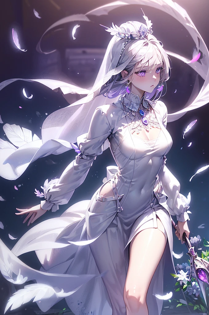 1 Angel holding a weapon, The background is Sky City,((Gorgeous White and Purple Elegant Silk Dress, holding a bouquet of clematis, silk accessories, veil, silver necklace, Diamond ring, Flower earrings, belt, collar, Silver Crown, silk long sleeves)), Elegant hairstyle, Garden Background, ((Perfect body shape, Medium breasts, Queen and Frozen Halo, Flowers and feathers flying effect, Clean and delicate skin, Silver and lavender pupils, blush)), Best quality anime 16k wallpaper quality, Extremely detailed eyes and body, Spiral Vitality Girl, enclose, high resolution , masterpiece, Super Lighting, Scenes, cold noodle, best body, shining, Creative