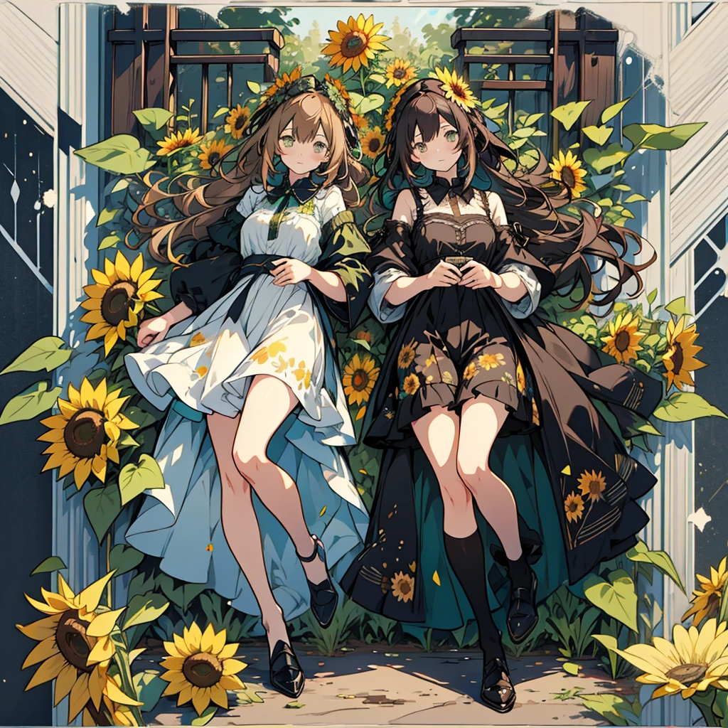 kawaii, anime, Cute, hyper quality, highly detailed, 16k, Front facing, Clarity, full body, one girl, girl, brown long hair, green eyes, sunflower, countless sunflowers, surrounded by sunflowers, Trapped inside a Van Gogh painting, ephemeral, paint, paint, brush, canvas, art supplies, oil, wonder, mysterious, rainbow colored sunflowers, Richly colored, Brightly colored sunflowers, highlight on eyes, long hair, splattered ink, scribble, handwriting, color palette, dark brown hair, long hair flowing, Draw eyes clearly, art, Atelier, 
