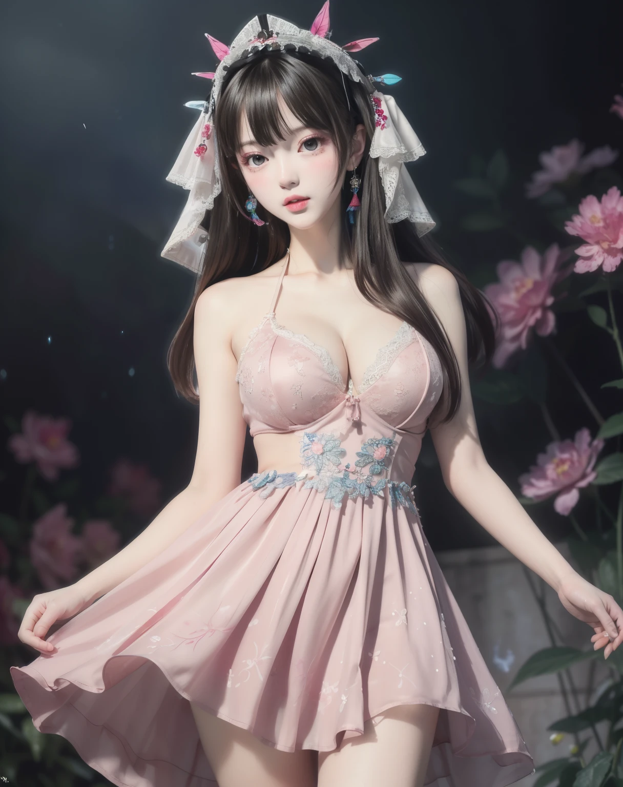 (8k, RAW photo:1.2), best quality, ultra high res,dramatic angle,(fluttered detailed color splashs), (illustration),(((1 girl))),(long hair),(rain:0.9), (Headdress:1.4),There is an ancient palace beside the girl,Hanfu,(Key Points),Color ink painting,(Splash of Color),Splash of Color,(((colorful))),(sketch:0.8) , Masterpiece, best quality, beautiful painted, highly detailed,(denoising:0.6),[splash ink],((ink refraction)), (beautiful detailed sky),moon,highly,detaild,(masterpiece, best quality, extremely detailed） CG Unity 8k Wallpaper，masterpiece，best quality，Ultra Detailed），（Lycoris）.shoulder ballet dress open V-chested clothes Thin silk lace dress short skirt , (huge ，cleavage),, white pink, blue ，best qualtiy，tmasterpiece，Ultra-high resolution，（Reality：1.4），RAW photogr，（True skin texture：1.3），（filmgrain：1.3），（Selfie angle），1个Giant Breast Girl，Beautiful eye and face details，tmasterpiece，Best quality at best，，The chest more exposed， detailed hair, bra pink , detail 8k, full body, lace petticoat
