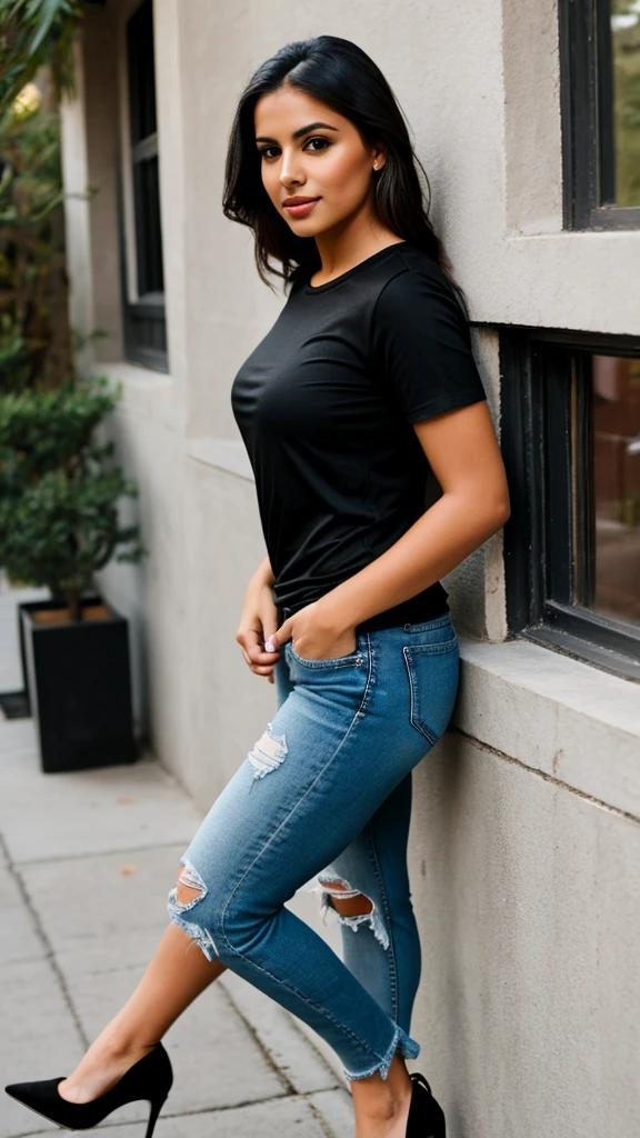 Latina woman 25 years old ,stable model , with black t-shirt and ripped jeans black high heels 