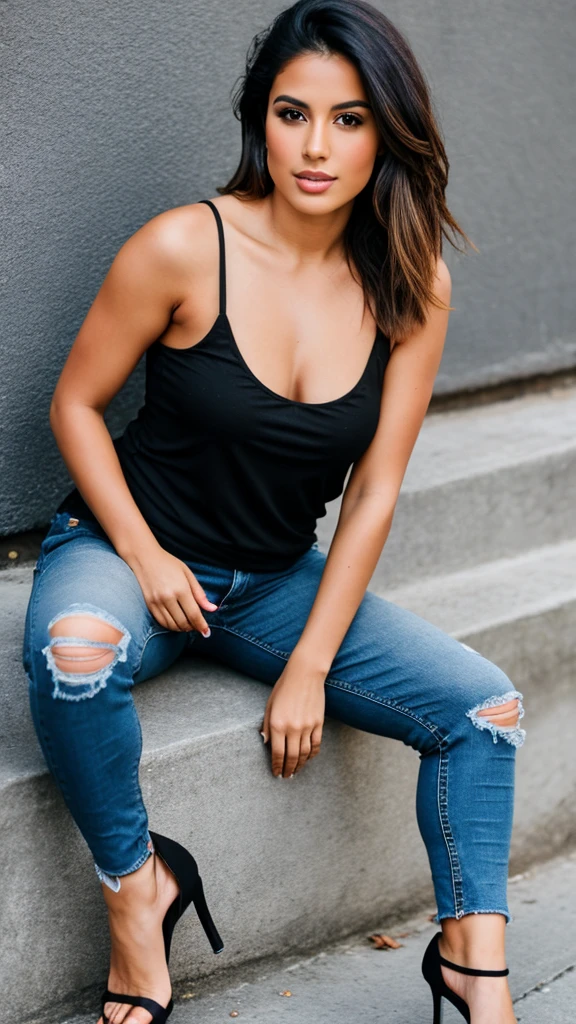 Latina woman 25 years old ,stable model , with black t-shirt and ripped jeans black high heels 