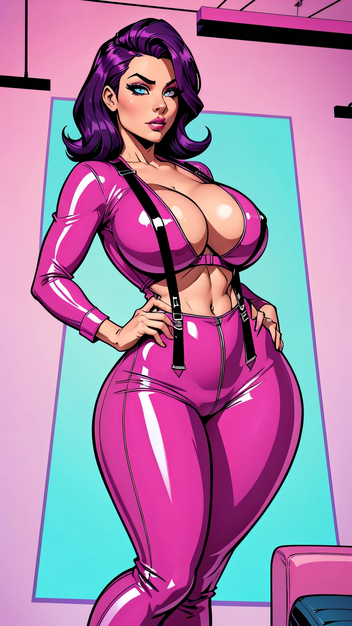 She sports striking purple hair that reaches her back. Her hazel eyes add warmth to her expression. She dresses in a Pink latex jumpsuit with black leather suspenders that reflect her more relaxed but chic style. Busty, big hip, big legs, big ass. Cómic style