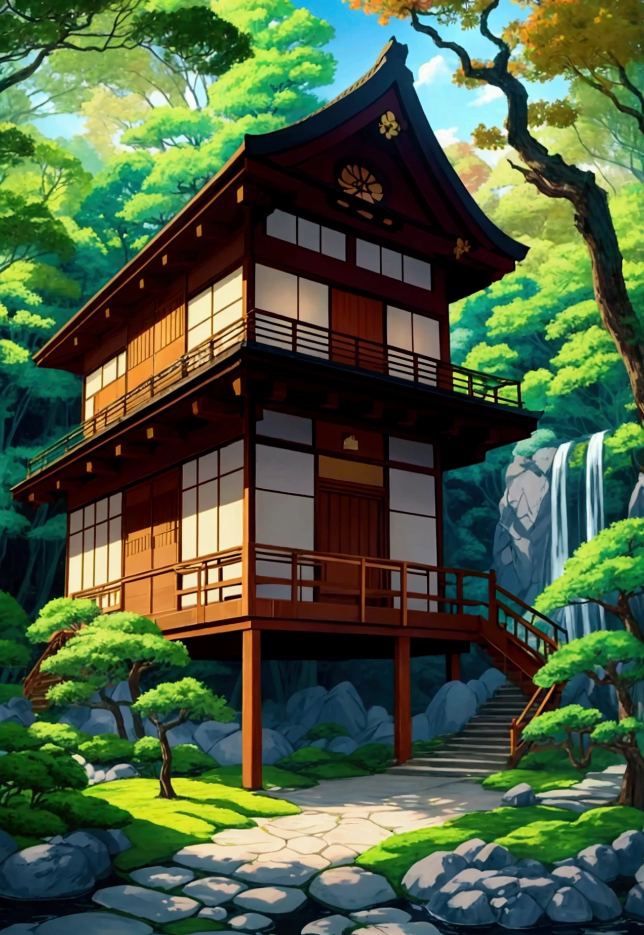 Create an image in a vivid anime style featuring a whimsical Japanese wooden house located in an enchanted forest. The house should reflect traditional Japanese architecture but with exaggerated, cartoonish features typical of anime. The forest around the house is lush with an array of stylized, oversized leaves and surreal, vibrant green colors. Sunlight should be depicted as dramatic, golden rays filtering through whimsical, fluffy clouds. Add a small, stylized waterfall in the background, contributing to a serene and magical atmosphere. The entire scene should have bold outlines, flat colors, and a clear, clean anime aesthetic with a touch of fantasy, reminiscent of scenes from 'Spirited Away' anime
