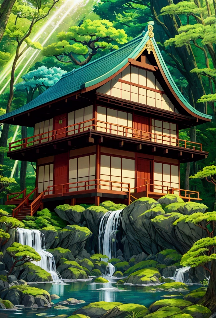 Create an image in a vivid anime style featuring a whimsical Japanese wooden house located in an enchanted forest. The house should reflect traditional Japanese architecture but with exaggerated, cartoonish features typical of anime. The forest around the house is lush with an array of stylized, oversized leaves and surreal, vibrant green colors. Sunlight should be depicted as dramatic, golden rays filtering through whimsical, fluffy clouds. Add a small, stylized waterfall in the background, contributing to a serene and magical atmosphere. The entire scene should have bold outlines, flat colors, and a clear, clean anime aesthetic with a touch of fantasy, reminiscent of scenes from 'Spirited Away' anime