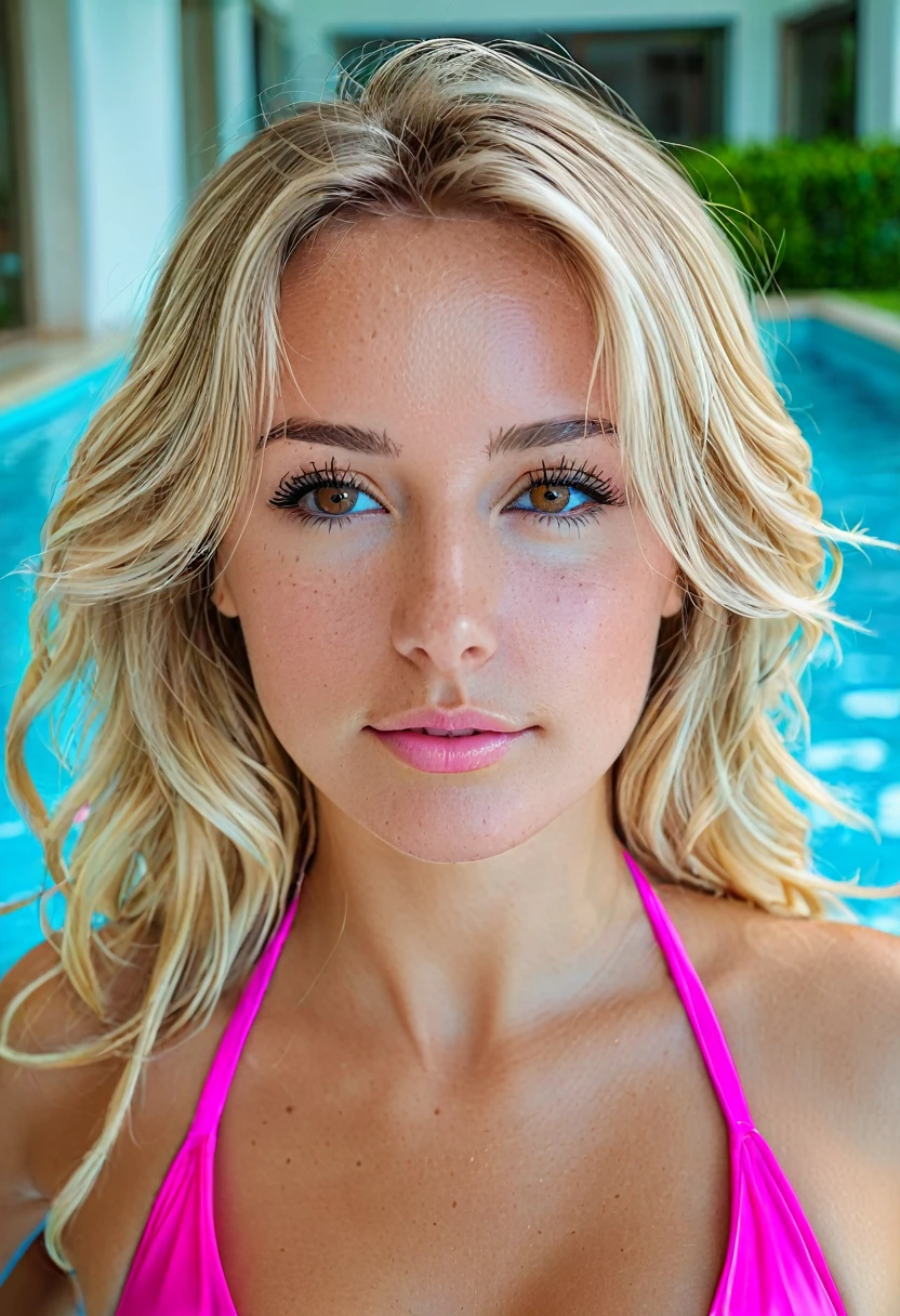 a beautifull girl, face detail, brown eyes, blonde girl, caucasian type, pink bikini, in pool, in a modern villa