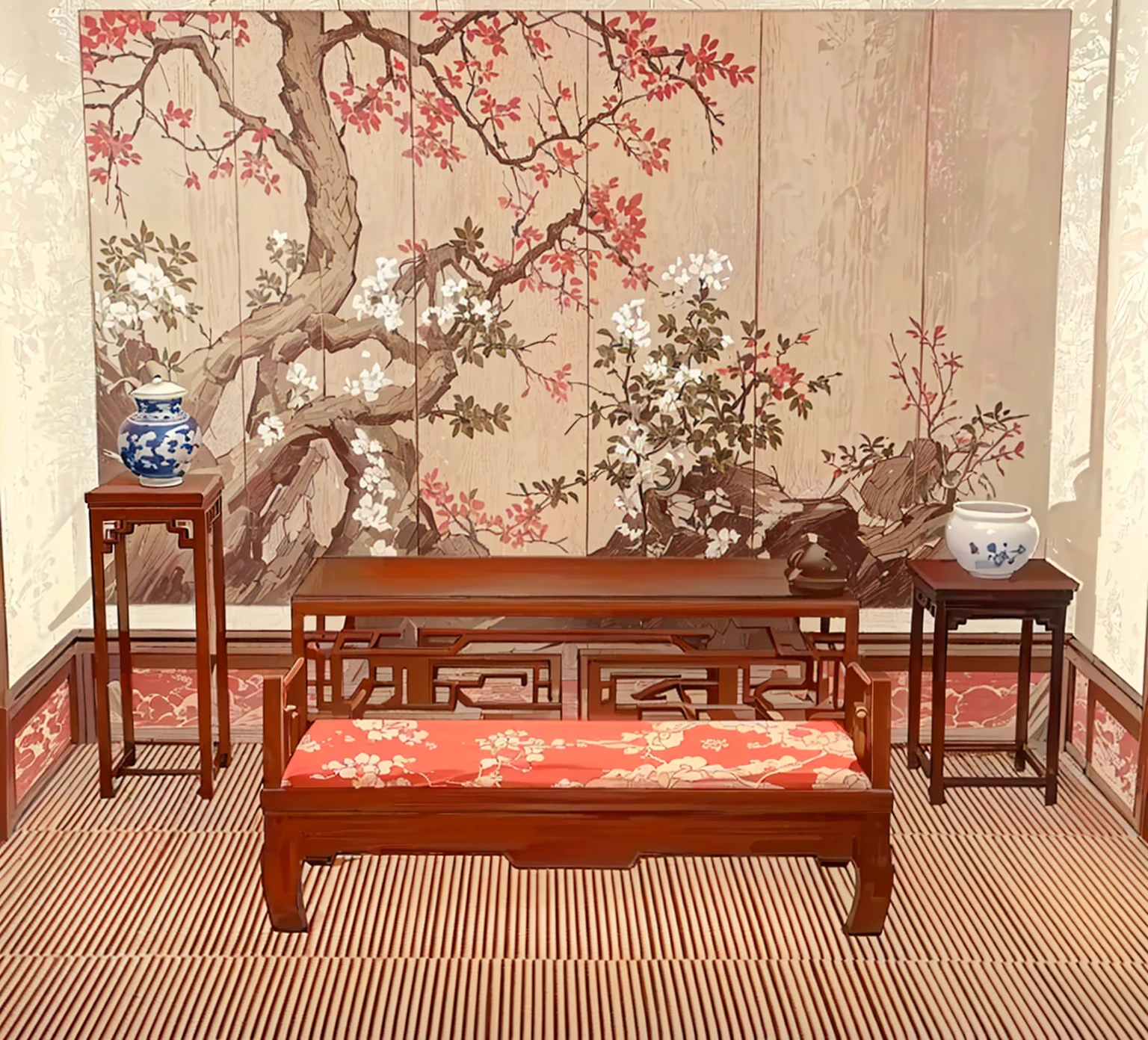 There is a room with a table, bench, There is a painting hanging on the wall, Exquisite furniture, Inspired by Xie Shichen, Oriental Wallpaper, Inspired by Wang Jian, Silk hanging scrolls, Pleasant environment, By Wen Boren, chinoiserie wallpaper, wonderful masterpiece, gujian, Hot ，, Placed in a large living room, Inspired by Yun Shouping