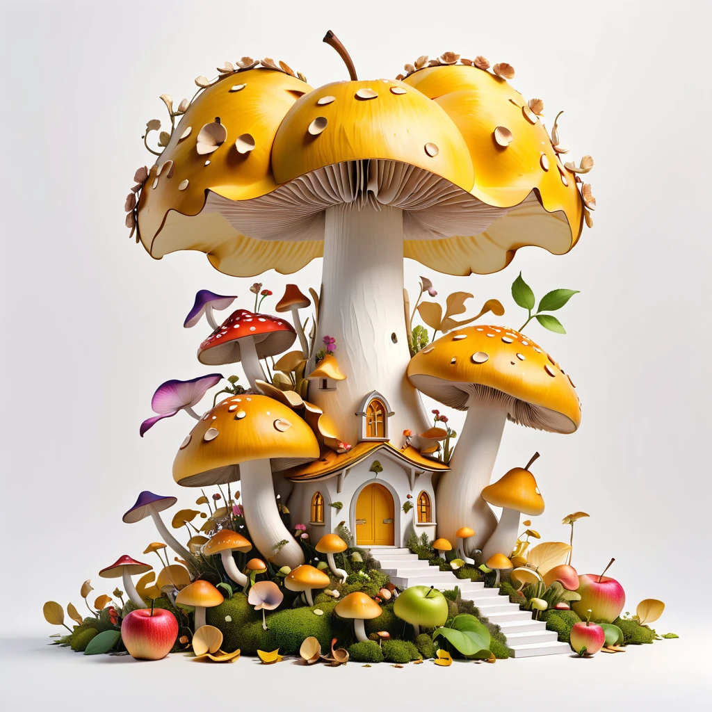 A minimalist architectural composition made of apple peels, with intricate floral and mushroom elements, creating a surreal and dreamlike illustration, 4k, 8k, best quality, masterpiece, photorealistic, extremely detailed, studio lighting, vivid colors, pastel colors, white background