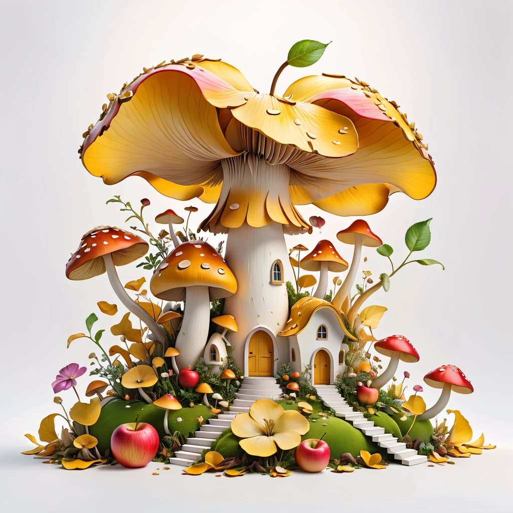 A minimalist architectural composition made of apple peels, with intricate floral and mushroom elements, creating a surreal and dreamlike illustration, 4k, 8k, best quality, masterpiece, photorealistic, extremely detailed, studio lighting, vivid colors, pastel colors, white background