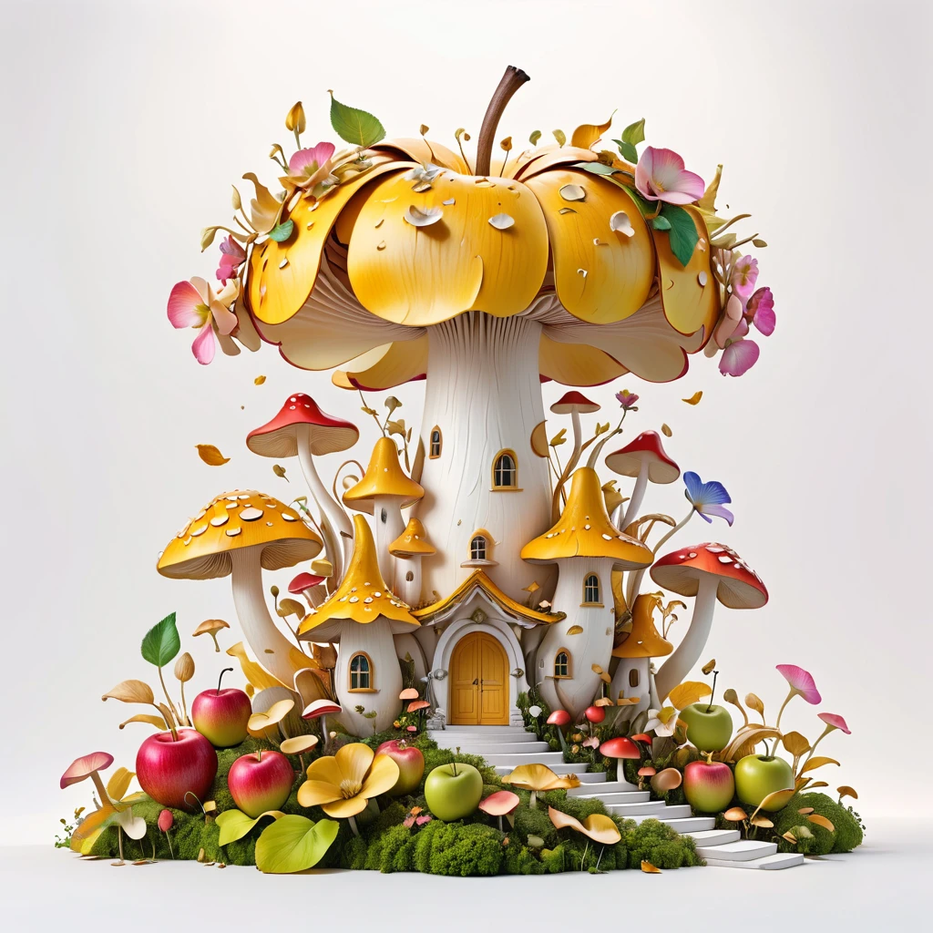 A minimalist architectural composition made of apple peels, with intricate floral and mushroom elements, creating a surreal and dreamlike illustration, 4k, 8k, best quality, masterpiece, photorealistic, extremely detailed, studio lighting, vivid colors, pastel colors, white background
