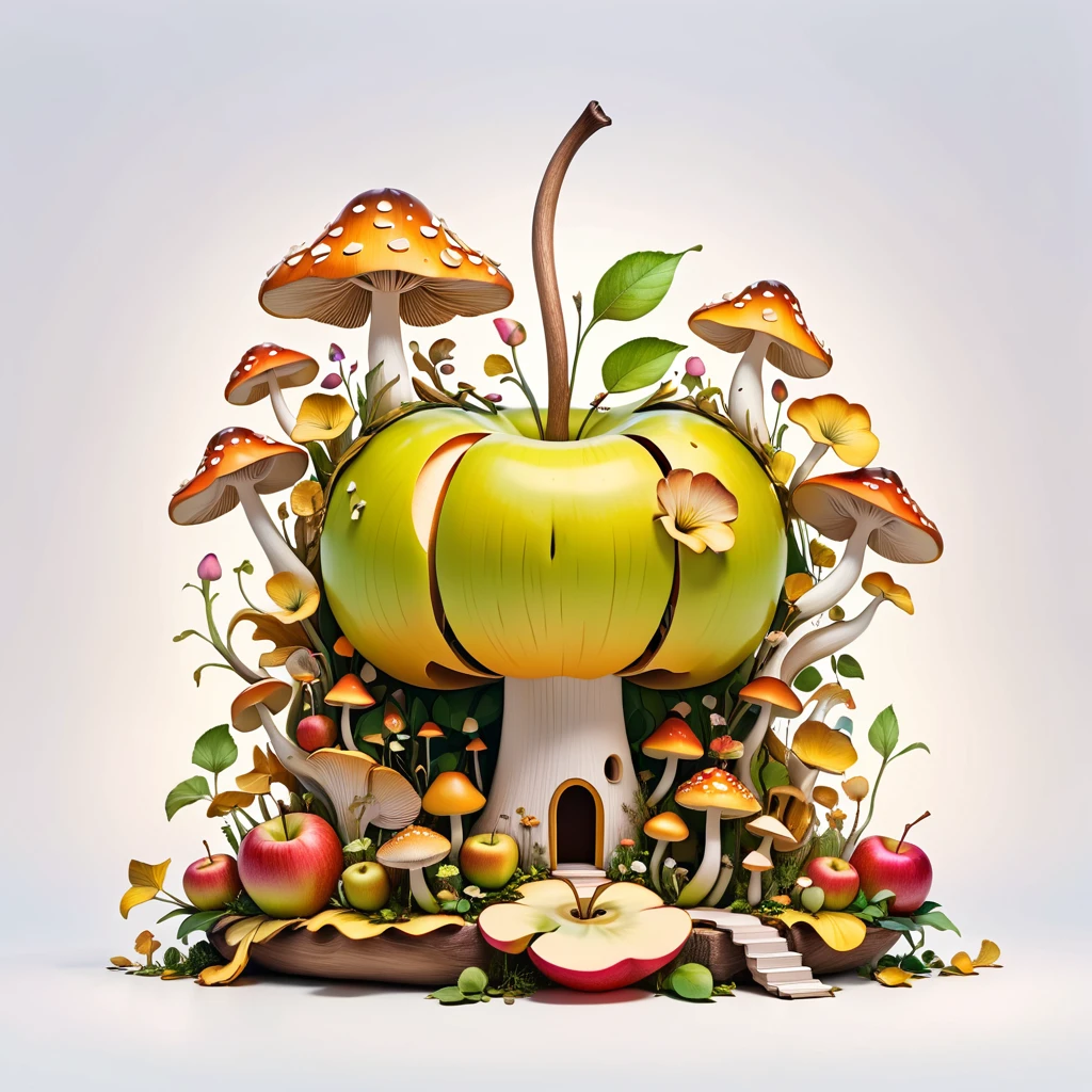 A minimalist architectural composition made of apple peels, with intricate floral and mushroom elements, creating a surreal and dreamlike illustration, 4k, 8k, best quality, masterpiece, photorealistic, extremely detailed, studio lighting, vivid colors, pastel colors, white background