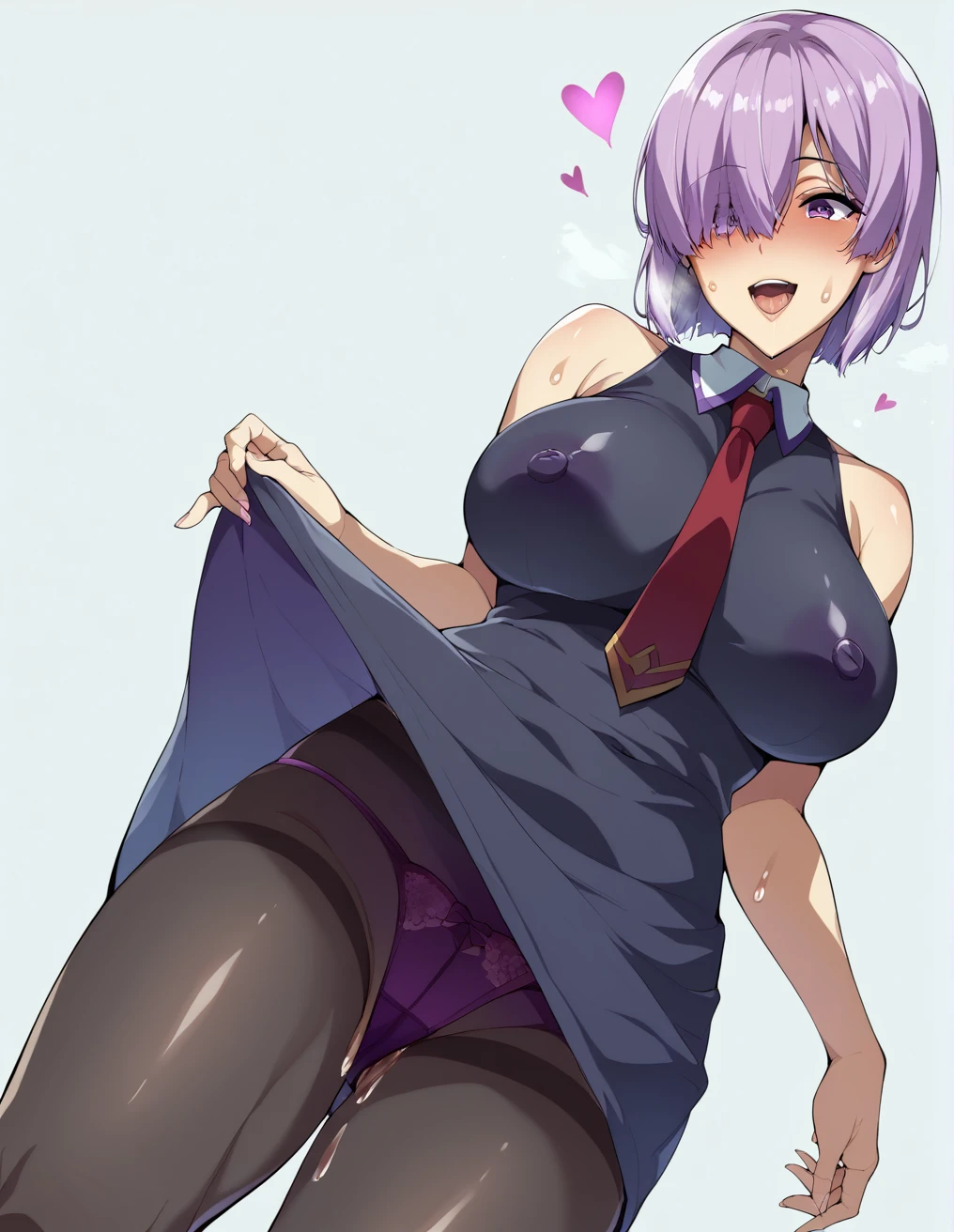 Ultra-detailed illustrations、Ultra-precise expression、masterpiece、Highest quality、ultra High resolution、High resolution、Hiromitsu Takeda Style、White background、Simple Background、One girl、solo、Mash Kyrielight、light purple hair,short hair,hair over one eyes、Black sleeveless dress, White collar、Red tie、Black Pantyhose、Purple panties、Brown short boots、Purple eyes、Vulgar expression、smile、Open your mouth、blush、Large Breasts、Big Breasts、Choker of Hearts、White Breath、Sweat、Glowing Skin、shiny skin、Front angle、View your viewers、