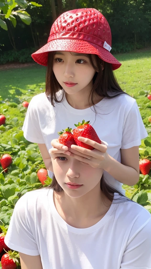 Strawberry hat、White T-shirt、Cute、True Face、2nd degree kinship、Strawberry character